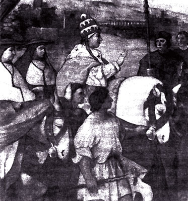 Папа Лев I (Великий) направляется на встречу с вождем гуннов Аттилой, чтобы уговорить его не нападать на Рим (Картина Рафаэля в Ватиканском музее)