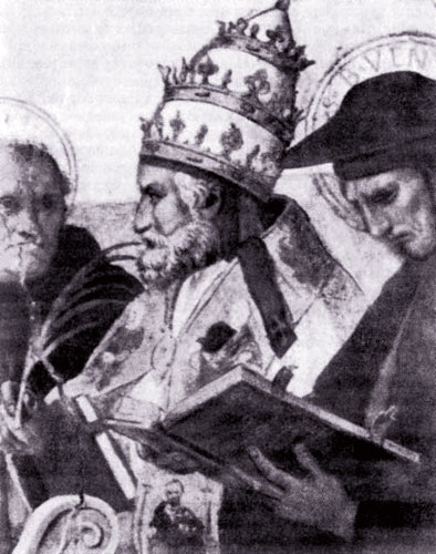 Папа Иннокентий III (1198—1216) с теологами Бонавентурой и Фомой Аквинским (Фреска Рафаэля в Ватиканском музее)