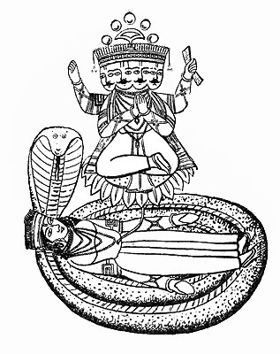 Бог Вишну, лежащий в кольце священной кобры. Из живота его вырастает лотос, а на нем - Брахма с четырьмя лицами и четырьмя руками