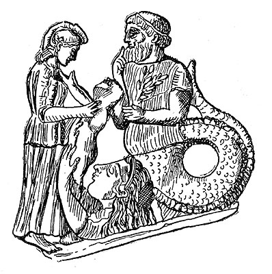 Афина, Эрихфоний и змееногий Кекроп. Рельеф из Аттики