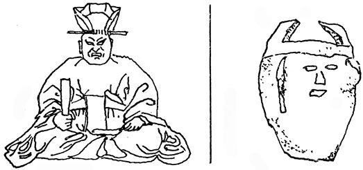 Яма - царь страны мертвых (слева) и ритуальный синтоистский сосуд (справа)