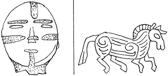 Ханива (слева) и изображение коня на рукоятке меча (справа)