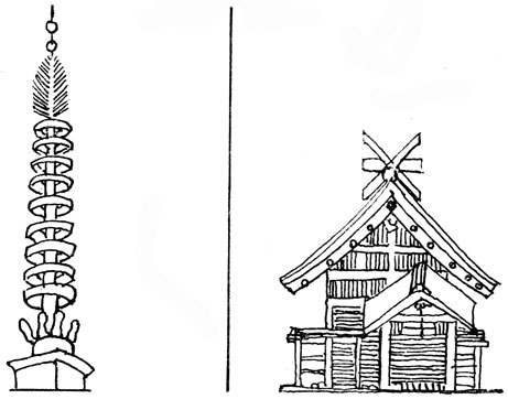 Шпиль рагоды (слева) и храм Идзумо (справа)