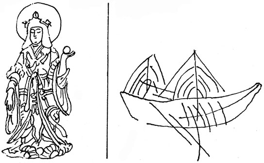 Богиня счастья Китидзё (слева) и изображение лодки из могильника Онидзука (справа)