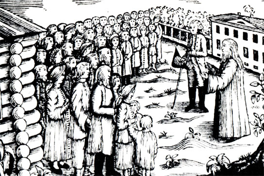 Священник уговаривает крестьян повиноваться помещику, (с гравюры XVIII в.)