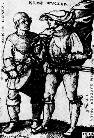 Барабанщик и знаменосец в Крестьянской войне 1525 г. Гравюра на меди Зебальда Бехама. 1544 г