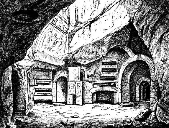 Римские катакомбы. Внутренний вид комнаты в катакомбах св. Цецилии