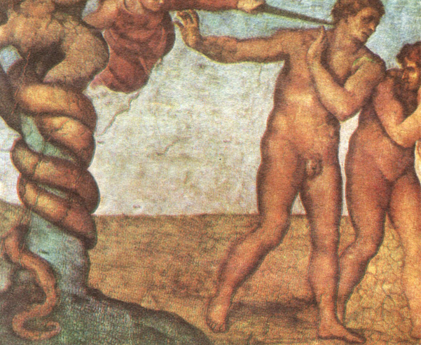 Микеланджело Буонарроти. Грехопаденье и изгнание из рая (фреска) (1511 г.)