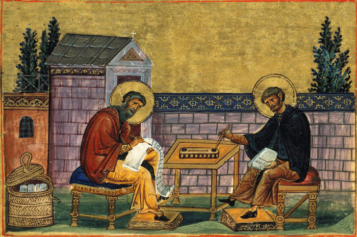 Преподобные Иоанн Дамаскин и святой Косьма. Иллюстрация из 'Минология Василия II'. Начало XI в. Ватикан