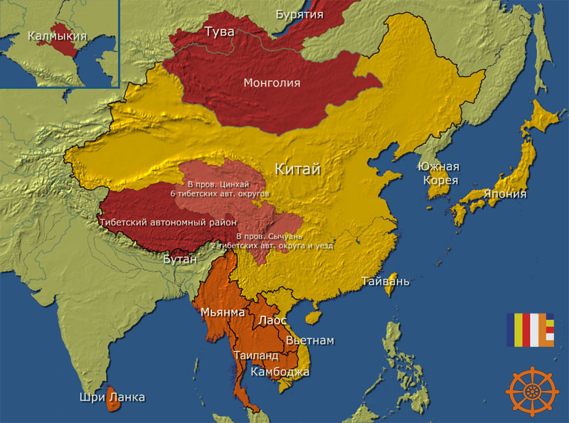 На карте приведено традиционное распределение трех основных направлений буддизма по странам Азии