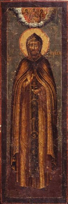 Так выглядит мерная икона: святой покровитель в полный рост и сверху изображение Святой Троицы